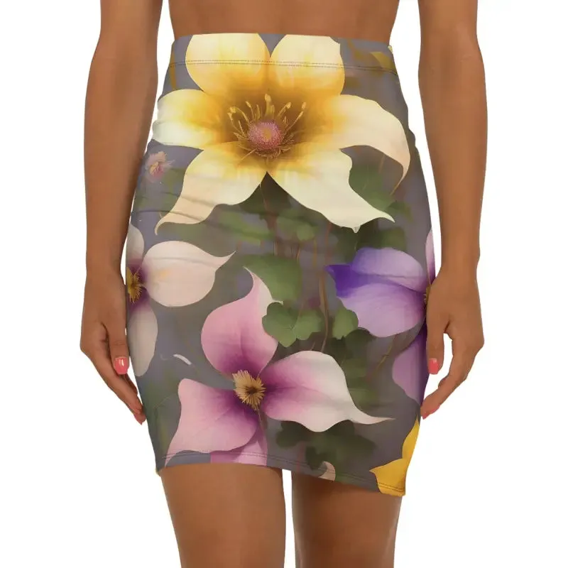 Women Mini Skirt with Large Pastel Flowers in Polyester