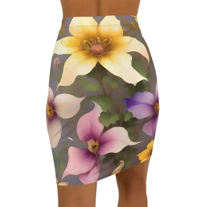 Women Mini Skirt with Large Pastel Flowers in Polyester